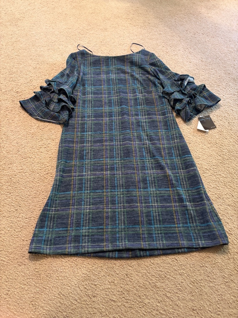 Gabby Skye Blue and Green Plaid Ruffle-Sleeve Dress